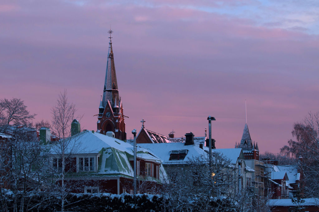 The city church of Umeå on the east side of the town during dusk.