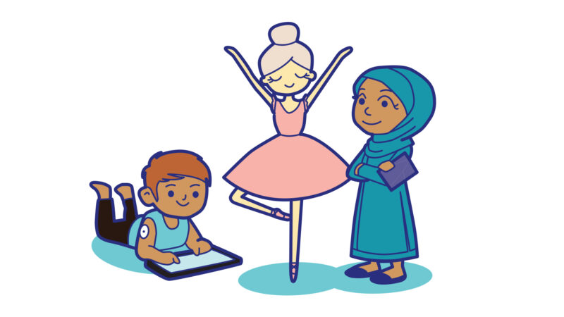 Illustration showing a ballet dancer in the middle. Next to the ballet dancer are two other people. One is lying down holding a tablet and the other has a book in their hand.