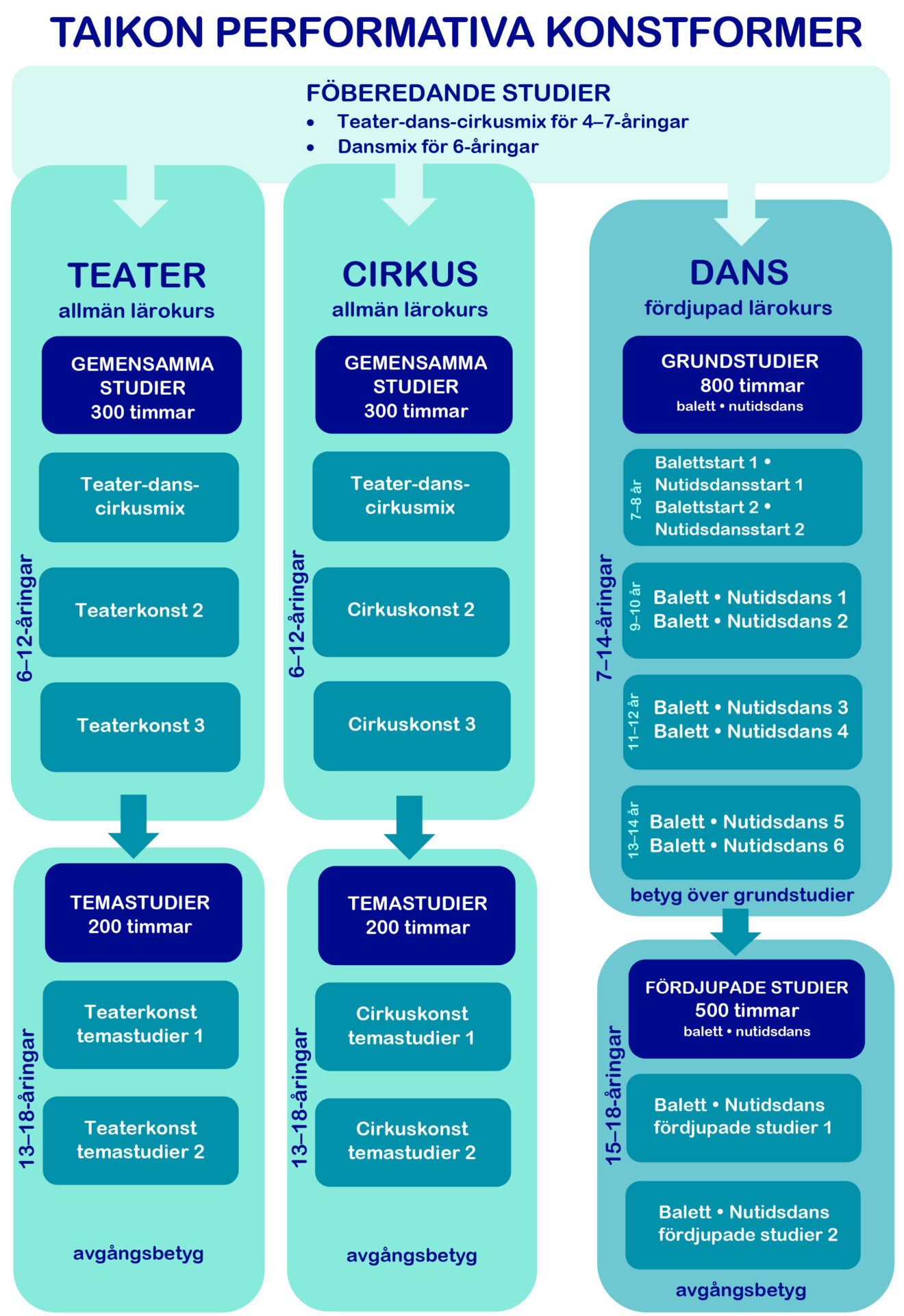 Infografik över Taikons performativa konstformer. Bilden visar studiekurser för teater, cirkus och dans för olika åldersgrupper. Teater- och cirkusstudier är uppdelade för 6-12-åringar och 13-18-åringar, inklusive gemensamma och temastudier. Dansstudierna är uppdelade för 7-14-åringar och 15-18-åringar, inklusive grundstudier och fördjupade studier. Förberedande studier för 4-7-åringar och 6-åringar nämns också.