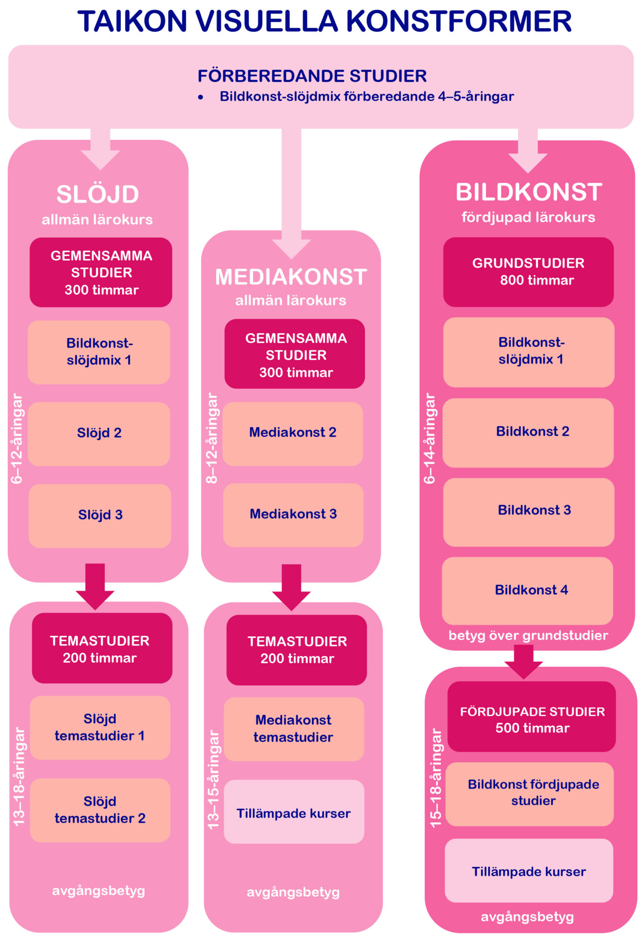 Diagram som visar Taikons visuella konstkurser på svenska. Tre huvudkategorier: Slöjd, Mediakonst och Bildkonst med gemensamma studier, grundstudier och fördjupade studier för olika åldersgrupper. Under varje kategori finns kurser, studietimmar och åldersgrupper för 8-16-åringar.
