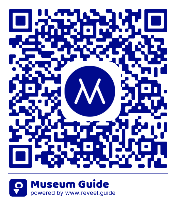 QR code that leads to the museum's guide. The code contains a blue circle with a white letter M in the center. Text under the QR code: 'Museum Guide powered by www.reveel.guide'.